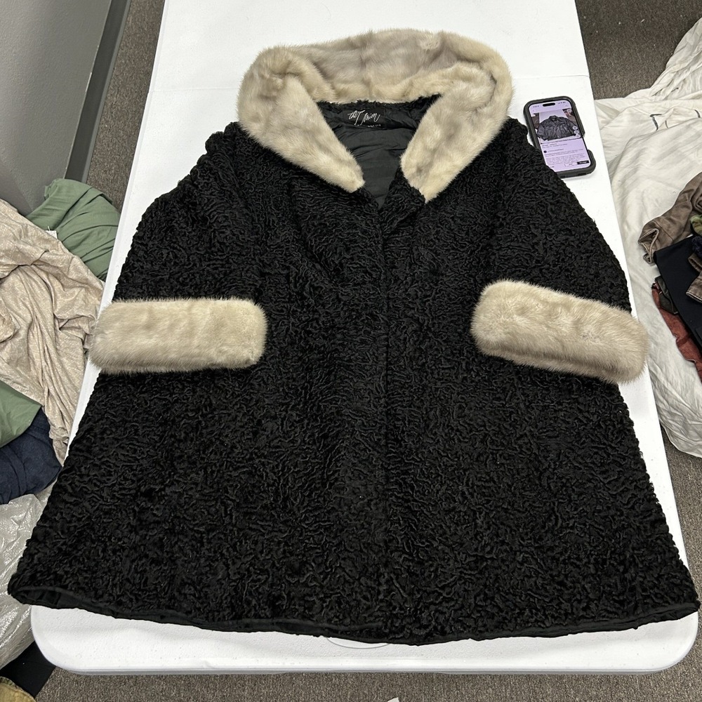 The Union Fur Trim Coat Womens L Black Persian Lamb Faux Fur Gray Mink Collar